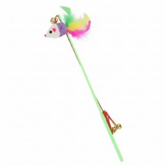 Varinha de Gato Interativa Rato Pelúcia Penas Guizo Brinquedo Antiestresse Pet 30Cm