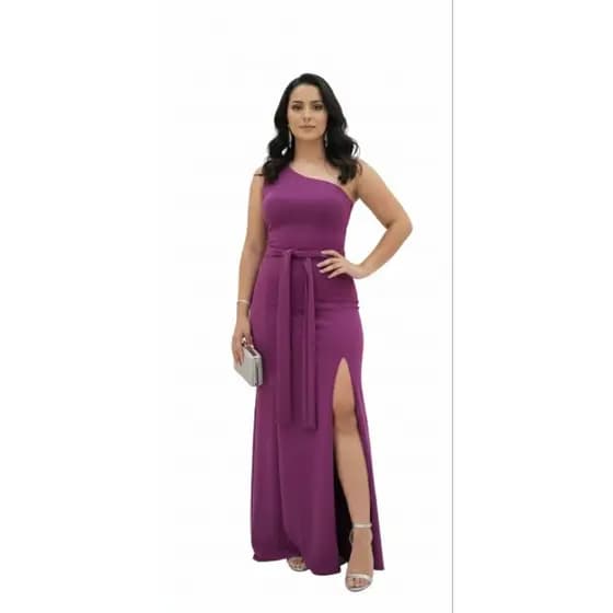 Vestido longo luxo chique ombro só fenda na lateral com faixa roxo testemunha festa