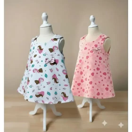 Kit 2 vestido trapézio formato A bebê veste P/M luxo lançamento algodão Barbie sereia