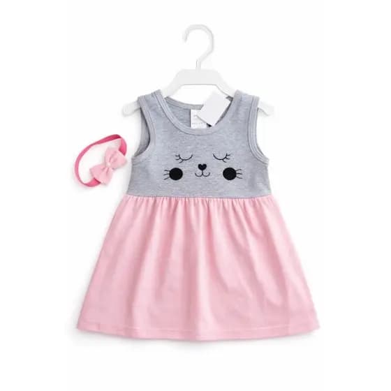 Vestido Bebê Menina com tiara Gatinha 100% Algodão Malha Fio 24 Premium Com Tiara Veste 0 a 6 Meses