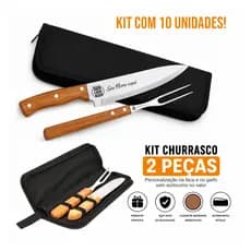 Kit Churrasco 2 peças Personalizado c/ Estojo Kit de 10 unidades Faca e Garfo