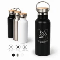 Garrafa Térmica 500ml Aço Inox C/ Tampa Bambu Personalizado