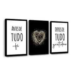 Kit Quadros Decorativos Mosaico 3 Peças Trio Frase Antes de Tudo Fé Gratidão Coração Geometrico Delicado Dourado
