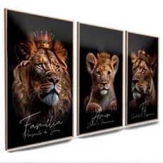 Quadros decorativos Família Fé Amor religioso 3 peças animais leão filhotes leoa