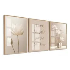 Quadro Trio Flores Bege Boho Frases Religioso