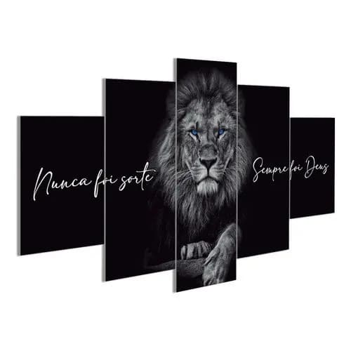 Quadro leão preto realista nunca foi sorte sempre foi Deus 5 peças