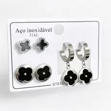 Kit 3 Pares de Brincos Aço Inoxidável 316L Preto e Prata – Antialérgico