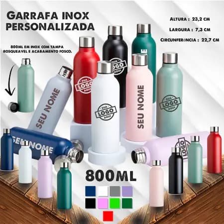 Kit  Garrafas Personalizas Inox 800ml  com tampa rosqueável e acabamento fosco. Gravação a laser