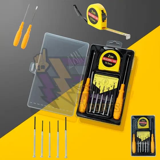 Kit Ferramentas 8 Peças Premium em estojo plástico com trava de segurança. chave Phillips, trena de 2 metros com trava, conjunto de 5 chaves de precisão e chave de fenda.