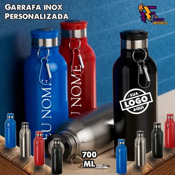 Garrafa Personalizada  Inox 700ml com pintura colorida e detalhes em prata. Possui tampa rosqueável