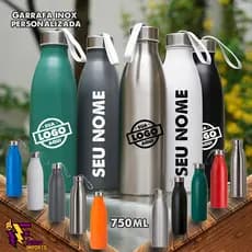 Kit 4 Garrafas Personalizadas 750ml Garrafa Inox Squeeze com tampa rosqueável e alça de nylon embutida