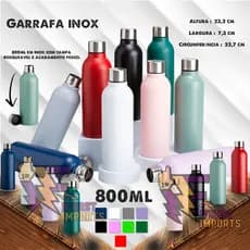 Garrafa Inox 800ml  com tampa rosqueável e acabamento fosco. Gravação a laser