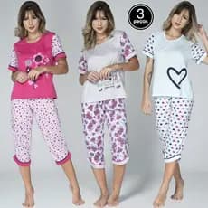 Kit 3 Pijama Pescador Adulto Inverno Bermuda Feminino Blusa Calça Curta Barato