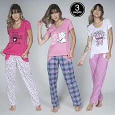Kit 3 Pijamas Feminino Manga Curta Calça Longa Inverno Adulto Estampado