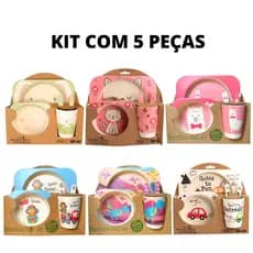 Kit 5 Peças Alimentação Infantil Em Fibra De Bambu Prato Garfo Colher e Copo