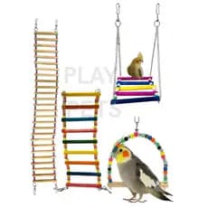 Kit com 4 Brinquedos para Aves - Ponte Escadas 28cm e 70cm + Balanços Calopsita Papagaio