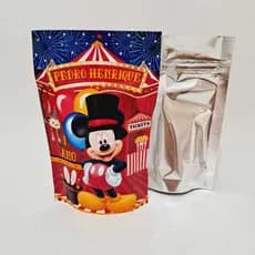 Saquinhos Metalizado 10x15 ou 12x19 Com Zip Lembrancinhas Stand Up Pouch zip Hérmetico Mickey Circo e outros Temas