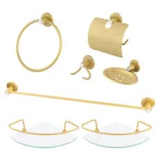Kit Acessorios para Banheiro 5 Peças Dourado + Dois Porta Shampoo Canto