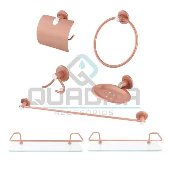 Kit Acessorios para Banheiro 5 peças Rose + 2 Porta Shampoo Reto