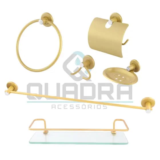 Kit Acessorios para Banheiro 5 Peças Dourado + Um Porta Shampoo Reto