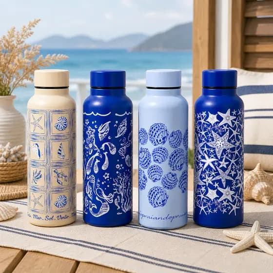 Garrafa De Àgua Aço Inox 800ml Praia Mar Premium Estilo Praiano Oceano Verão Tropical