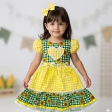 Vestido Quadrilha Menina Festa Junina São João C/ Laço De Cabelo Babados Manga Curta Luxo Xadrez