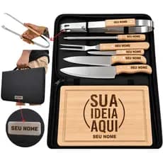 Kit Churrasco Personalizado nome logo time 9 Peças Tabua, 2 Facas, Afiador, pegador, garfo, estojo