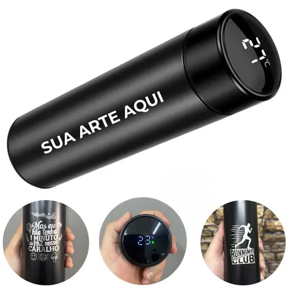 kit 50 Garrafa 500ml LED Personalizada nome logo time Inox Inteligente Medidor d Temperatura Digital