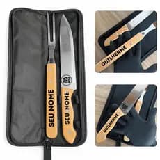 Kit Churrasco Personalizado Faca Garfo Estojo Nome Logo Time