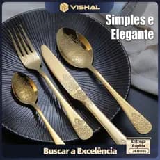 Conjunto de Talheres Dourado Luxo 24 Peças Aço Inox Premium Mesa Posta Desenhado