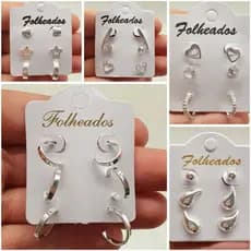 Kit 6 Pares de Brincos Trio Folheado Prata 925 e Ouro 18k