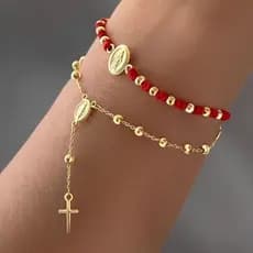Pulseira Terço Nossa Senhora Semi Joia Delicada Banhada Ouro 18k
