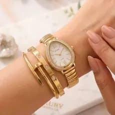 Conjunto de Bracelete Relógio Pulseira Aço inoxidável Prata e Dourado Luxo
