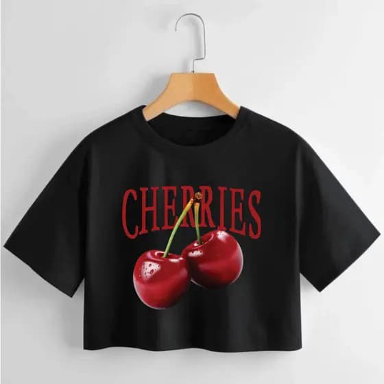 Cropped Algodão T-shirt Estampada Cherry Cereja Blusinha Modinha Blogueira