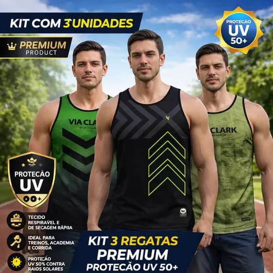 KIT COM TRES UNIDADES DE CAMISETAS REGATAS PARA TREINO, ACADEMIA OU PASSEIO, MALHAR, DRYFITUV50+