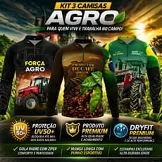 KIT COM TRES CAMISAS ESTILO AGRO, AGROPECUARIA, TRATOR PROTEÇÃO UV50+