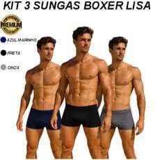 SUNGA DE PRAIA BOXER  KIT COM 3 UNID, SHORTINHO DE PRAIA UV50+, SUNGA PRAIA LISA PRETA, AZUL MARINHO, CINZA BASICA