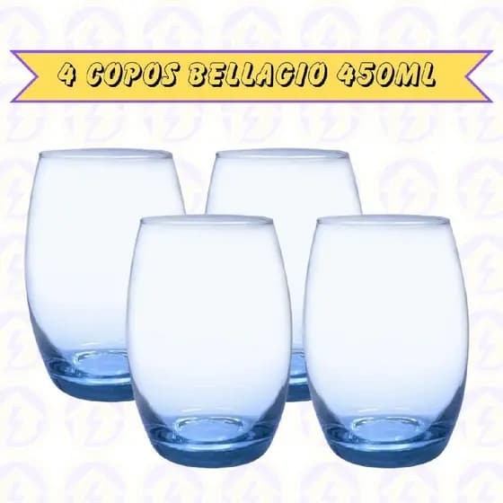 Conjunto 4 Copos Bellagio Azul 450ml Grande Elegante Buffet