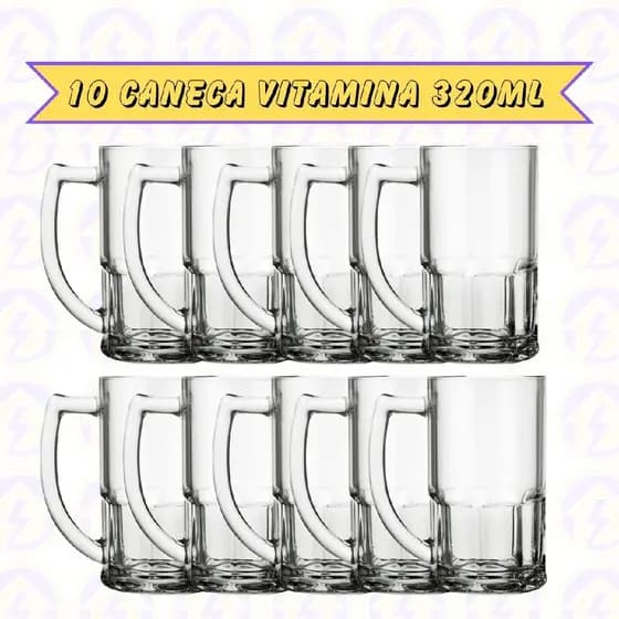 Kit Caneca Grande de Vidro 320ML Cerveja Chopp Drink 10 Uni