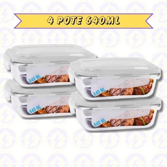 4 Pote de Vidro p/ Marmita Forno Freezer Airfryer 640ML c/ Tampa