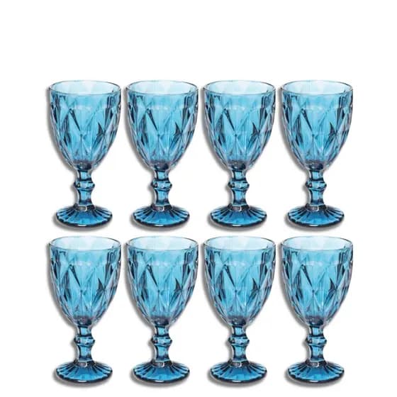 Jogo de 8 Taças 300ml Vidro Modelo Diamante Azul Elegante Mesa Posta