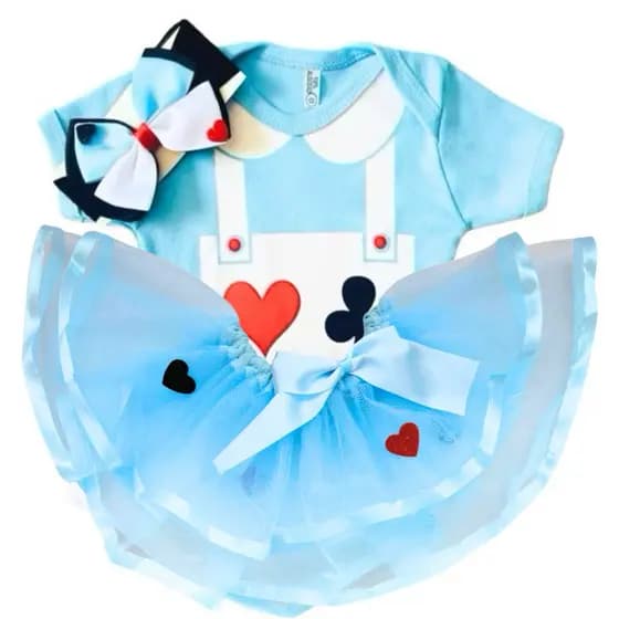 Body bebê temático Fantasia Alice No País Das Maravilhas mesvesário infantil + laço