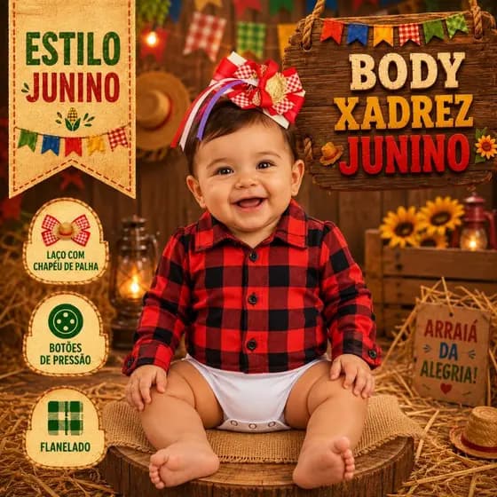 Body de Bebê Temático Xadrez Quadrilha Festa Junina Manga Comprida Flanelado Promoção