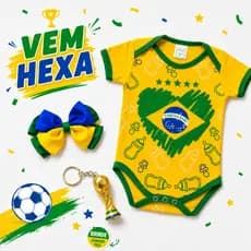 Body Bebê Amarelo Verde Tema Brasil Torcida Infantil + Brinde Troféu