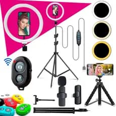 Kit Youtuber Com Tripe 2.10 Iluminador Ring Light Celular Microfone Lapela Sem Fio Android ou IPhone