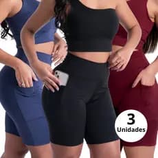 Kit 2 Short Academia Fitness Feminino Com Bolso e Cintura Alta Zero Transparencia