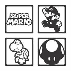 Kit 4 Quadros Super Mario Vazado MDF cru 3mm Aplique Decorativo de Parede