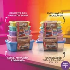 Conjunto Potes DUP Mônaco 5 Tamanhos - Com Tampa - Jogo De Potes Herméticos Retangulares - Organizador Cozinha