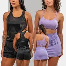 COMBO 2 Conjuntos Feminino pra Academia 1Regata e 1Shorts 2em1 + 1Top e 1ShortSaia com Bolsos oculto