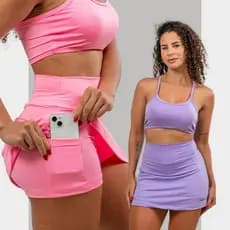 KIT 2 peças Short Saia Fitness Com Bolso Lateral pra Celular/Chave/fone Academia